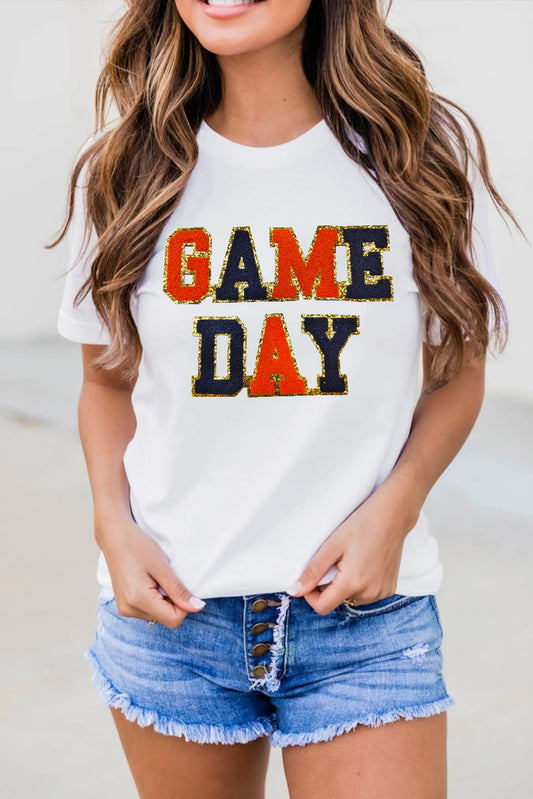 White GAME DAY Glitter Detail Round Neck T Shirt