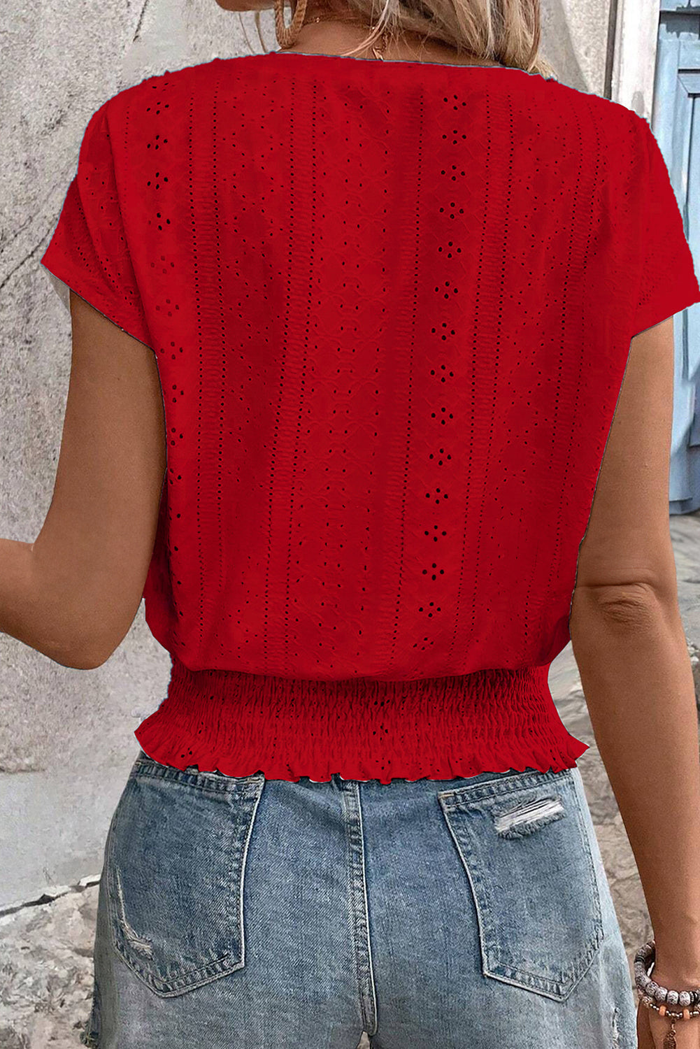 Racing Red Jacquard Smocked Hem Eyelet Blouse