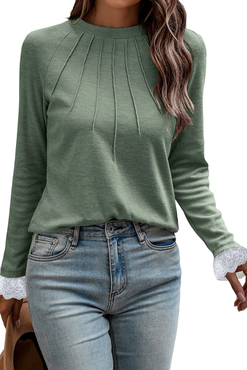 Grass Green Seam Detail Lace Contrast Cuffs Raglan Sleeve Top