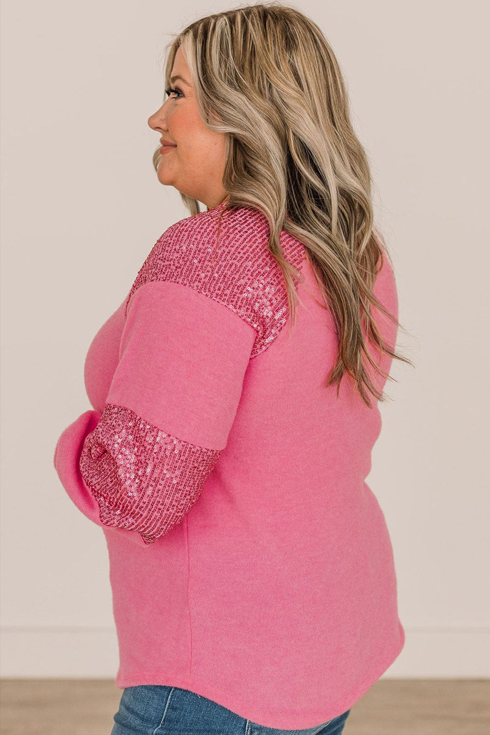 Pink Chenille Game Day Rugby Graphic Sequin Patchwork Sleeve Plus Top