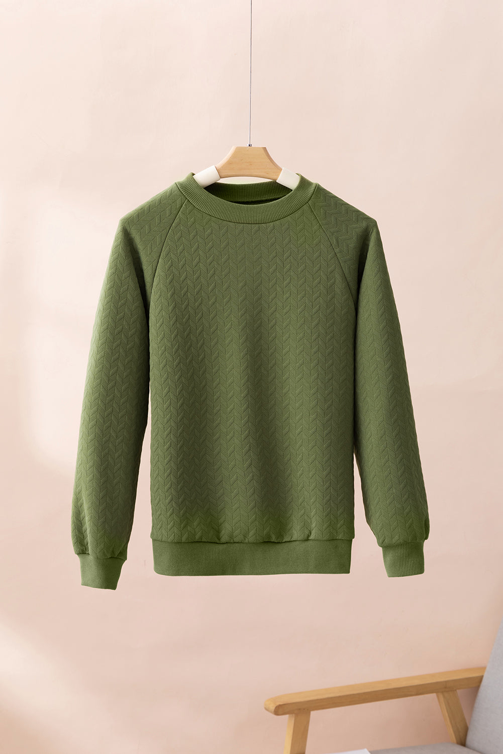 Green Solid Color Textured Raglan Sleeve Pullover Sweatshirt