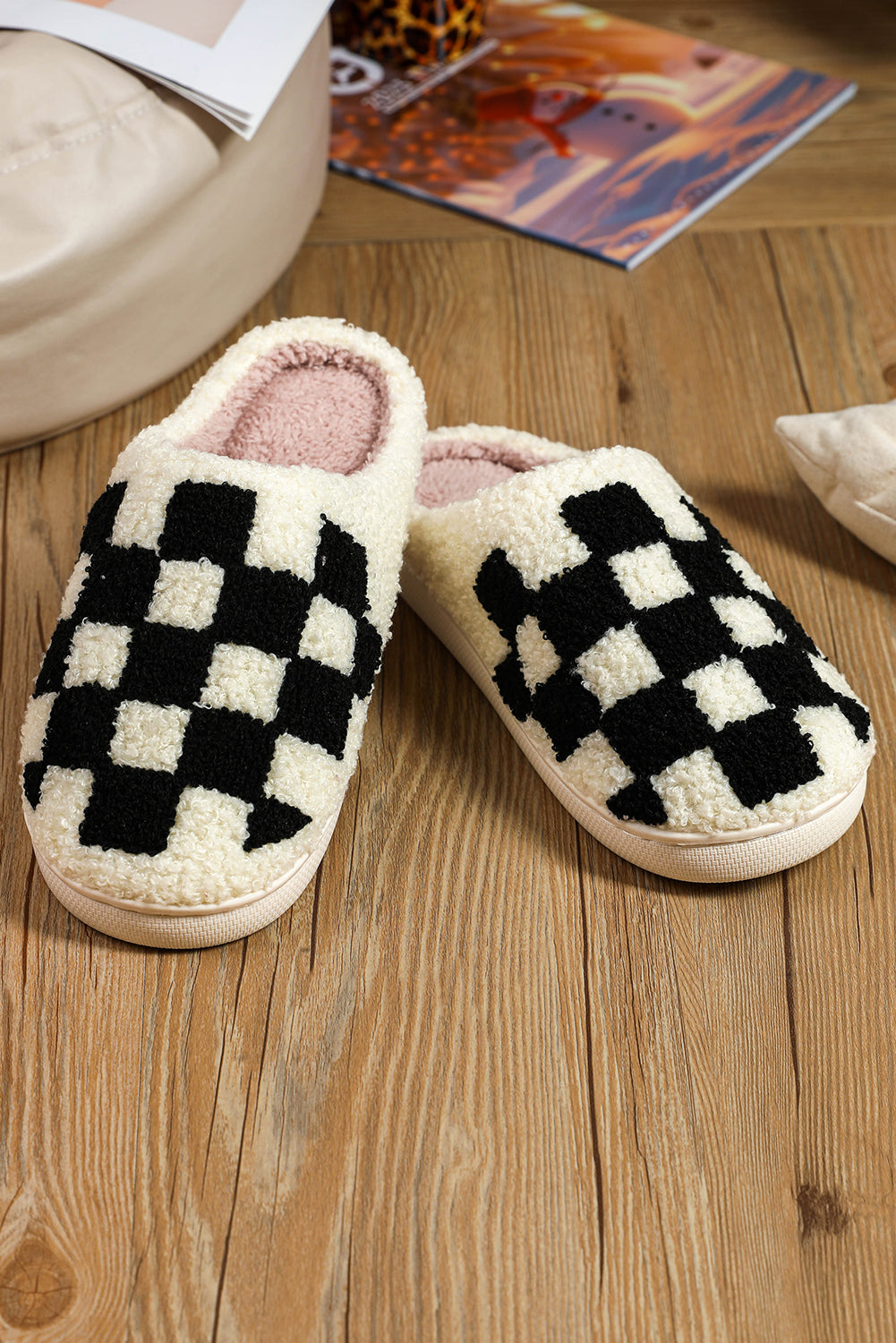 Fiery Red Checkered Print Fuzzy Slip On Winter Slippers