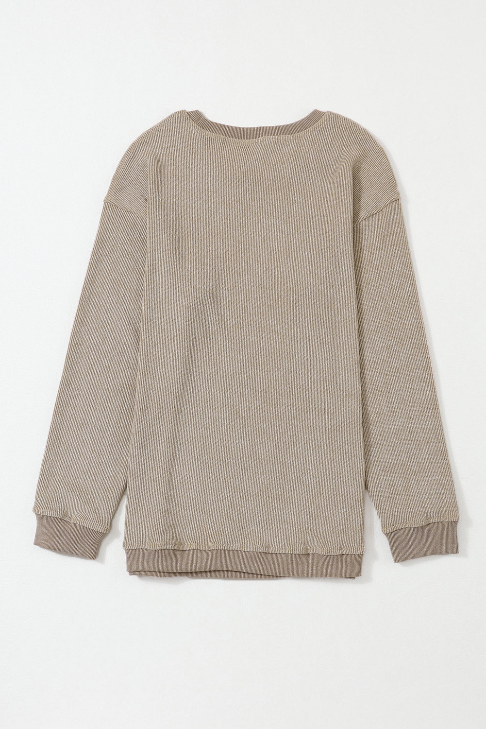 Plain Gray Solid Ribbed Knit Round Neck Pullover Sweatshirt