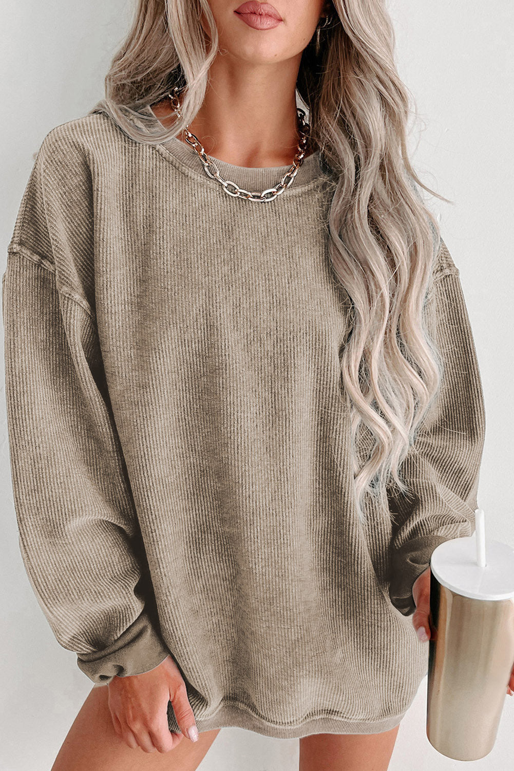 Plain Gray Solid Ribbed Knit Round Neck Pullover Sweatshirt