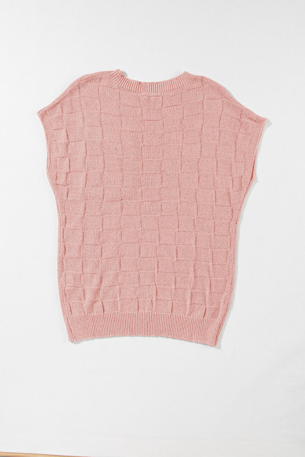 Bright Pink Lattice Textured Knit Chest Pocket Loose Blouse