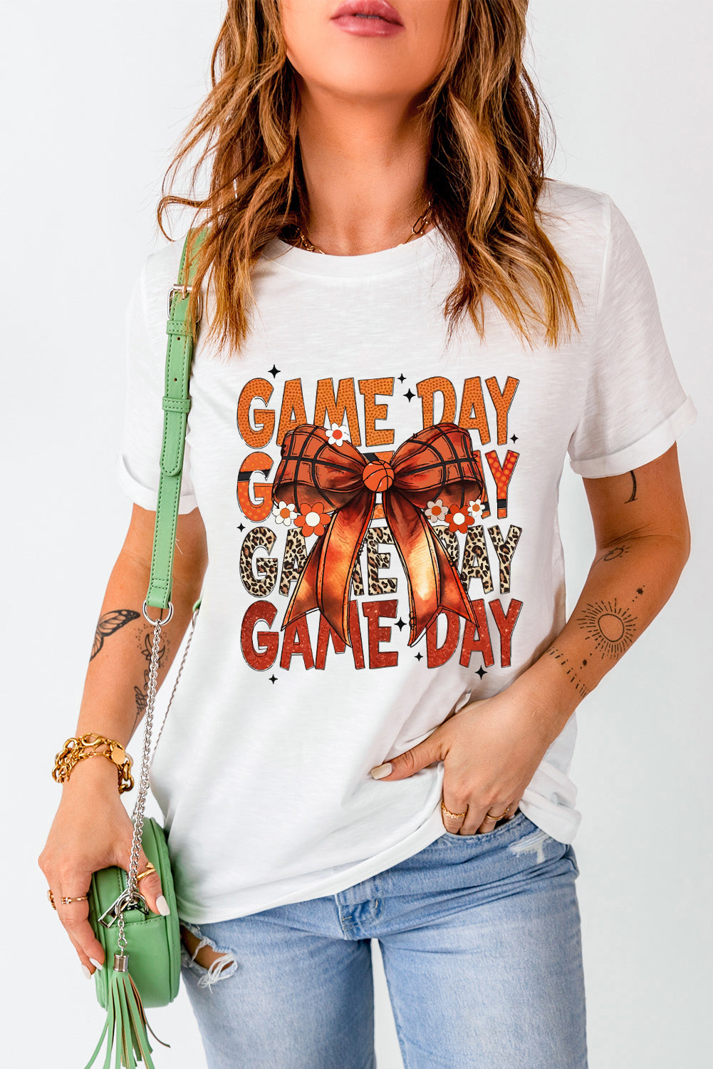 White GAME DAY Bowknot Round Neck T Shirt