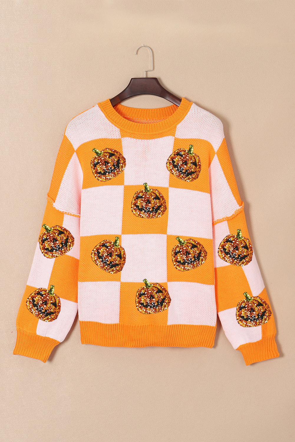 Grapefruit Orange Sequined Halloween Pumpkin Checkered Sweater