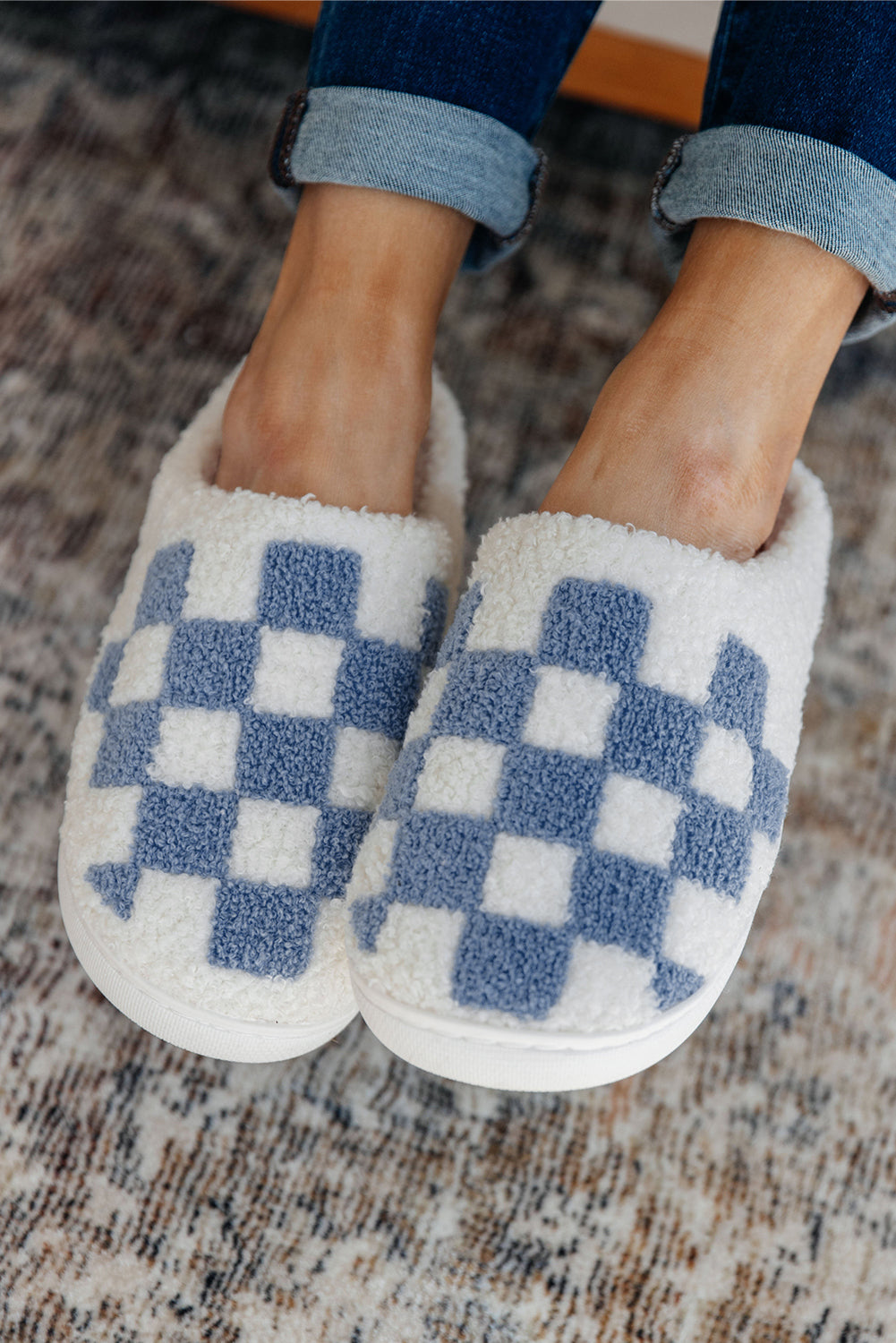 Fiery Red Checkered Print Fuzzy Slip On Winter Slippers