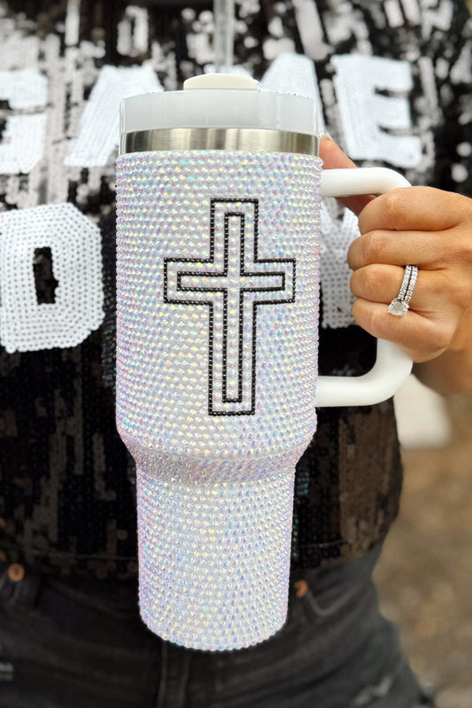 White 40OZ Cross Rhinestone Tumbler Cup with Handle