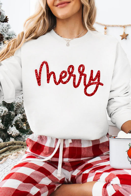 Beige Glitter Merry Graphic Crew Neck Sweatshirt