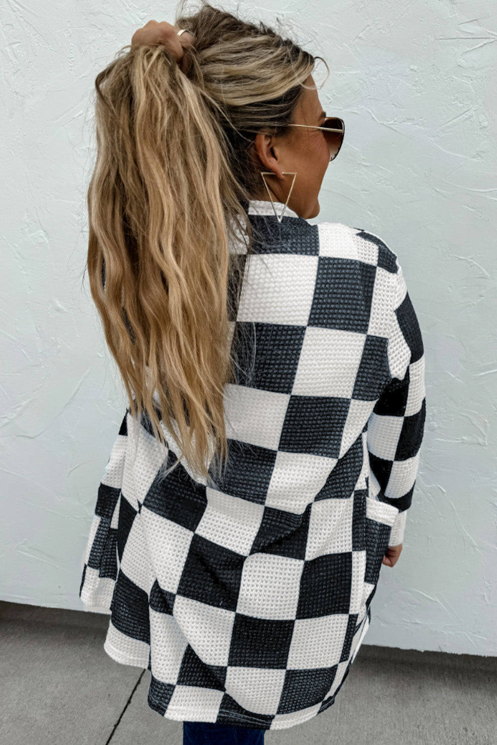 Black Checkered Waffle Knit Thumbhole Long Sleeve Cardigan