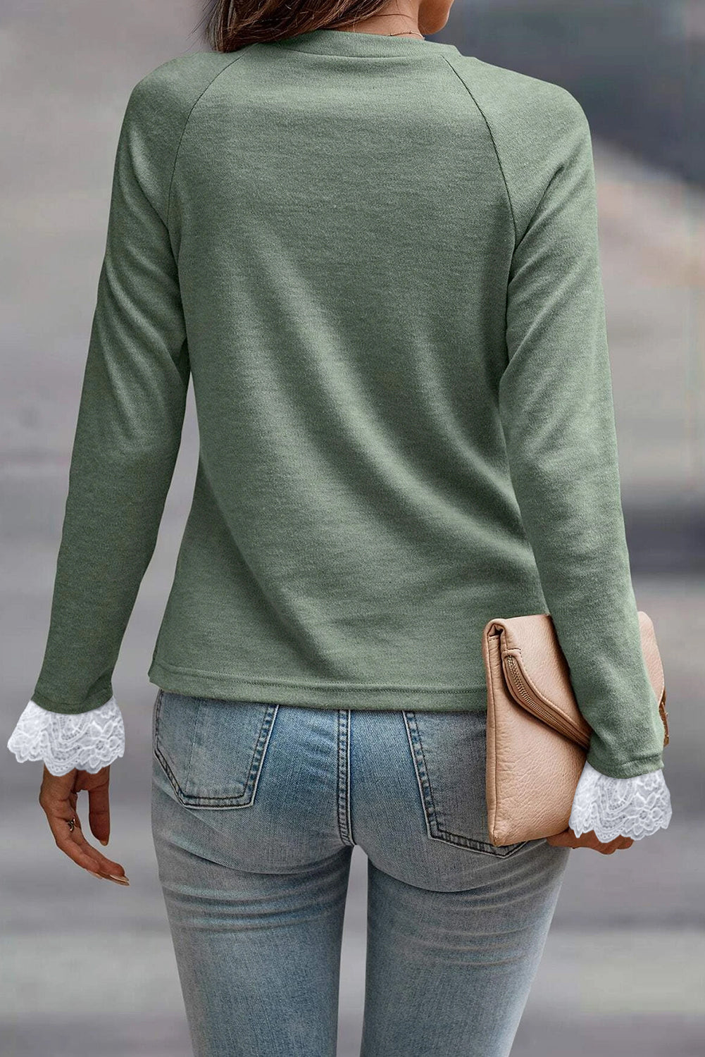 Grass Green Seam Detail Lace Contrast Cuffs Raglan Sleeve Top