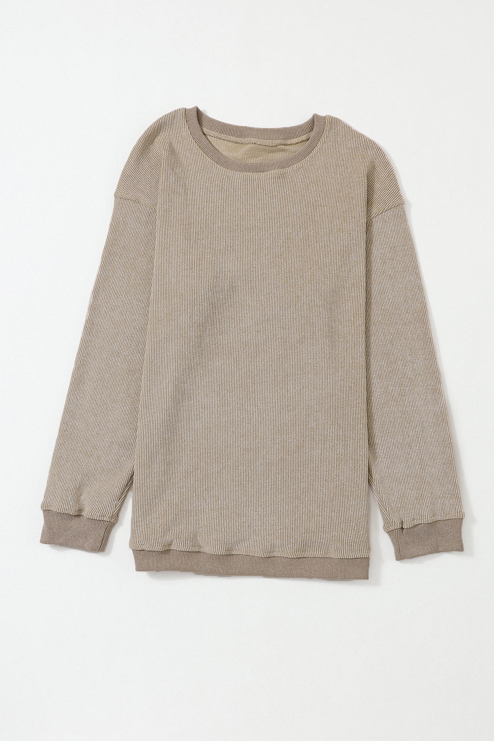 Plain Gray Solid Ribbed Knit Round Neck Pullover Sweatshirt