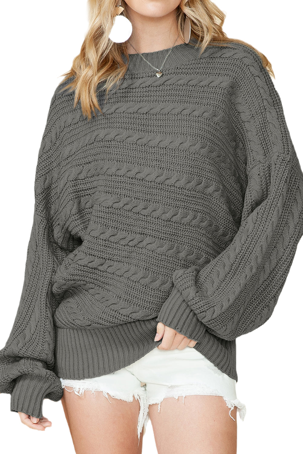 Gray Mock Neck Lantern Sleeve Cable Knit Sweater