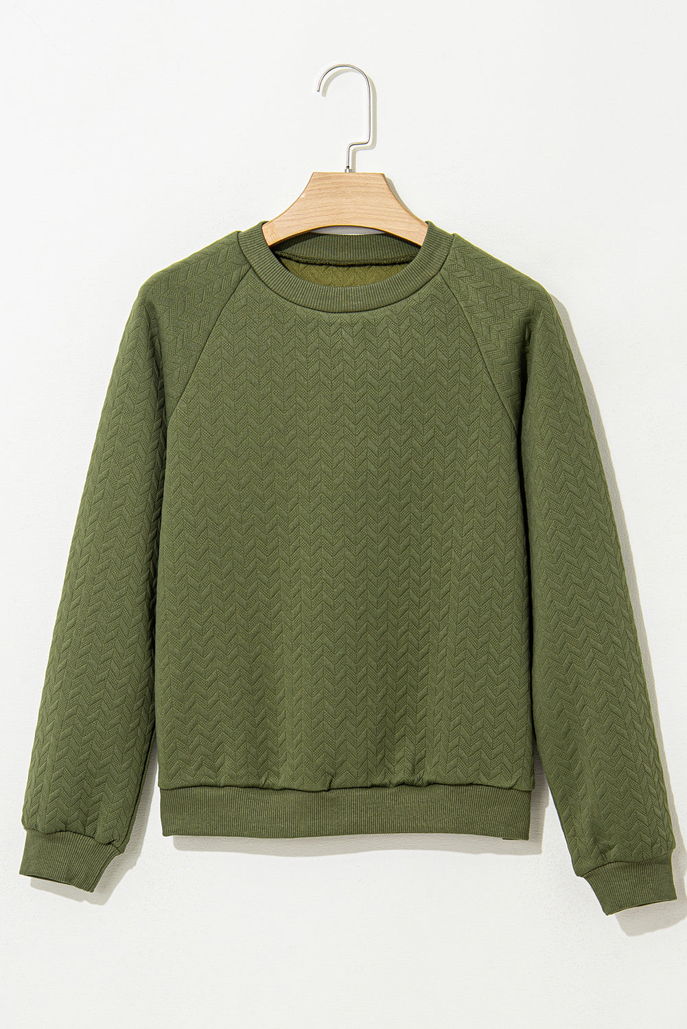 Green Solid Color Textured Raglan Sleeve Pullover Sweatshirt