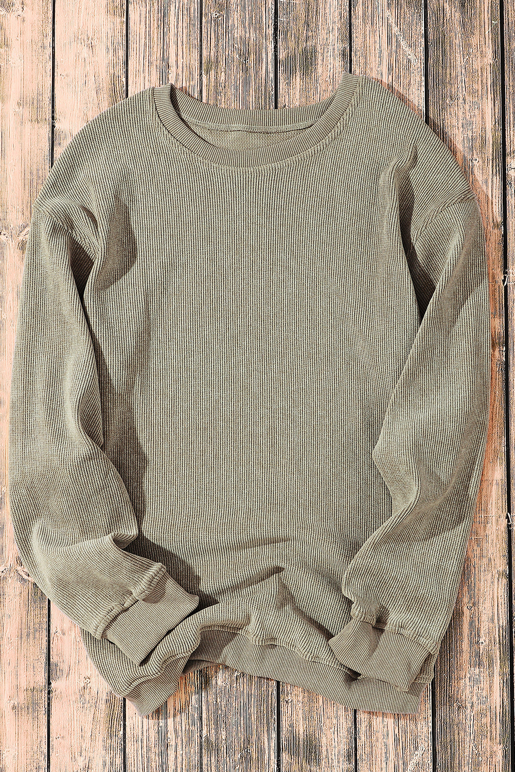 Plain Gray Solid Ribbed Knit Round Neck Pullover Sweatshirt