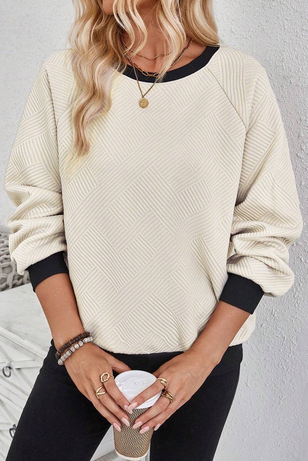 Jet Stream Textured Contrast Trim Raglan Sleeve Top