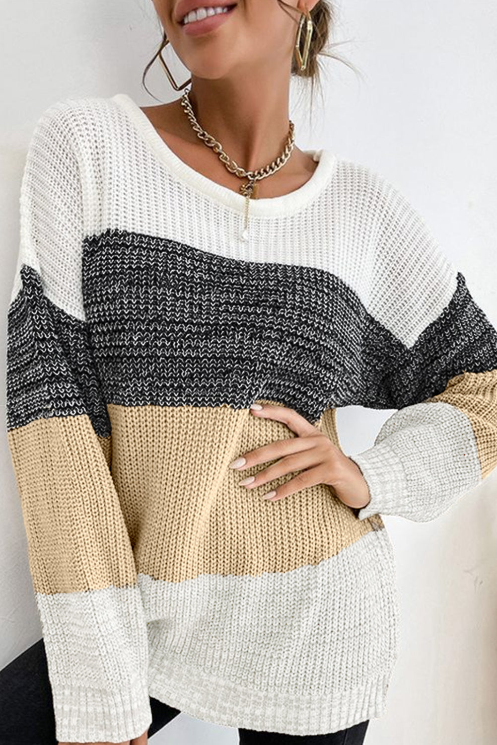 Multicolor Splicing Cable Knit Drop Sleeve Sweater