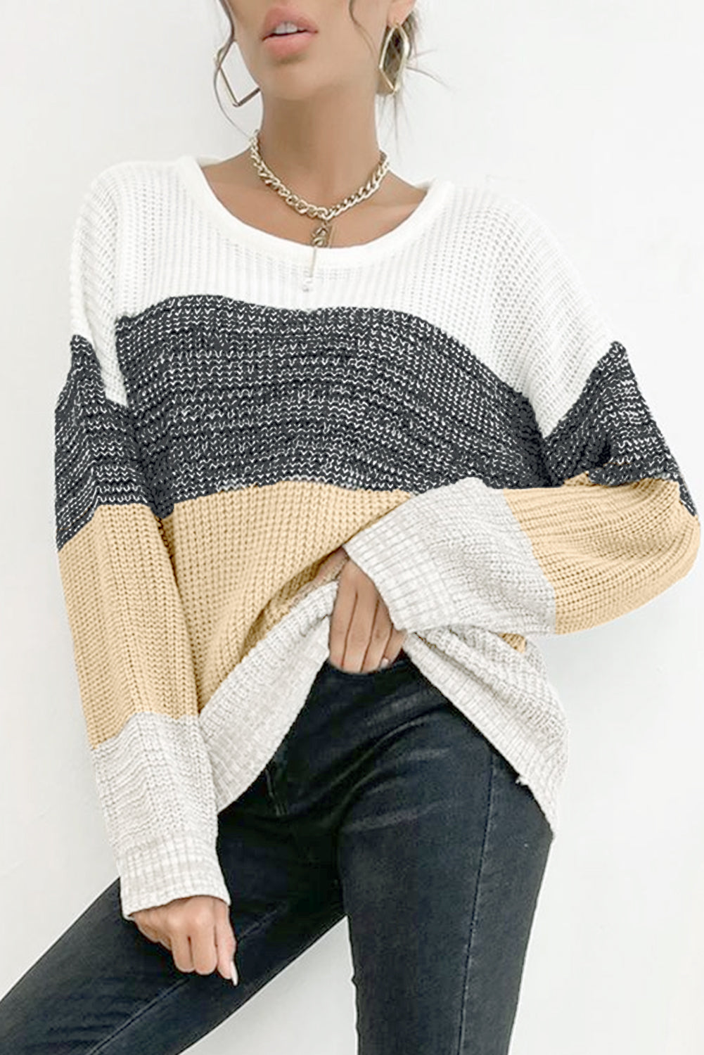 Multicolor Splicing Cable Knit Drop Sleeve Sweater