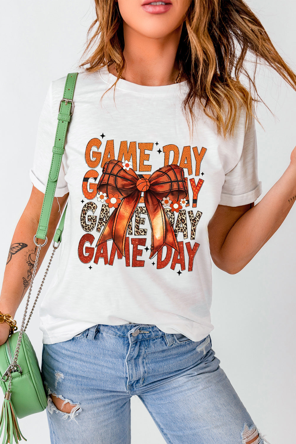 White GAME DAY Bowknot Round Neck T Shirt