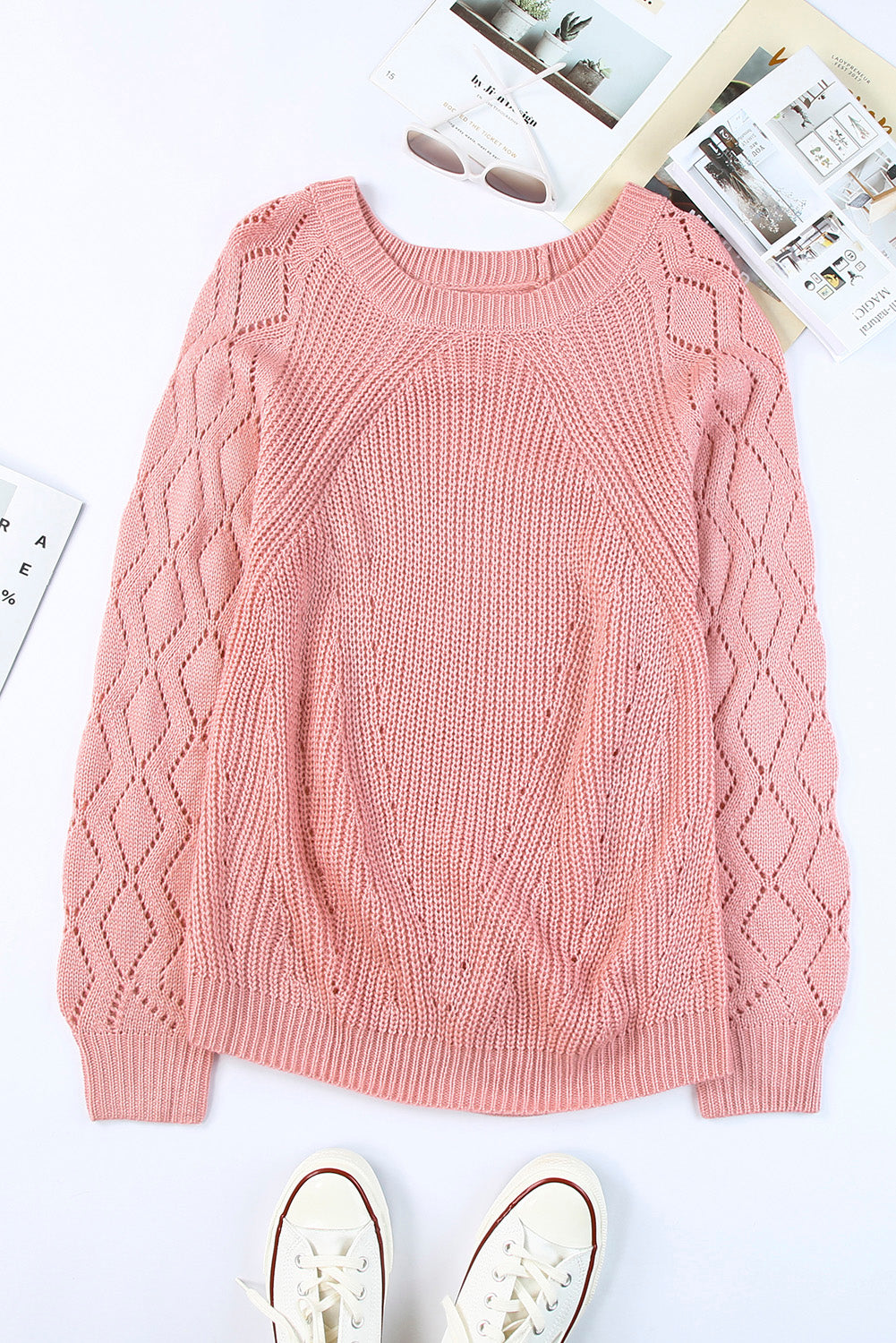 Pink Knit Hollow Out Long Sleeve Pullover Sweater