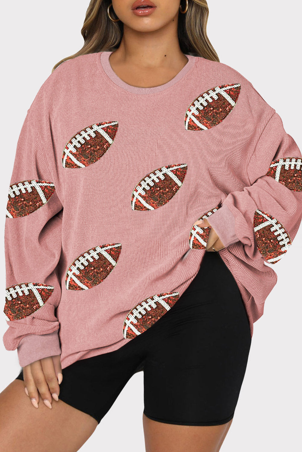 Pink Plus Textured Sequined Rugby Graphic Crew Neck Sweatshirt