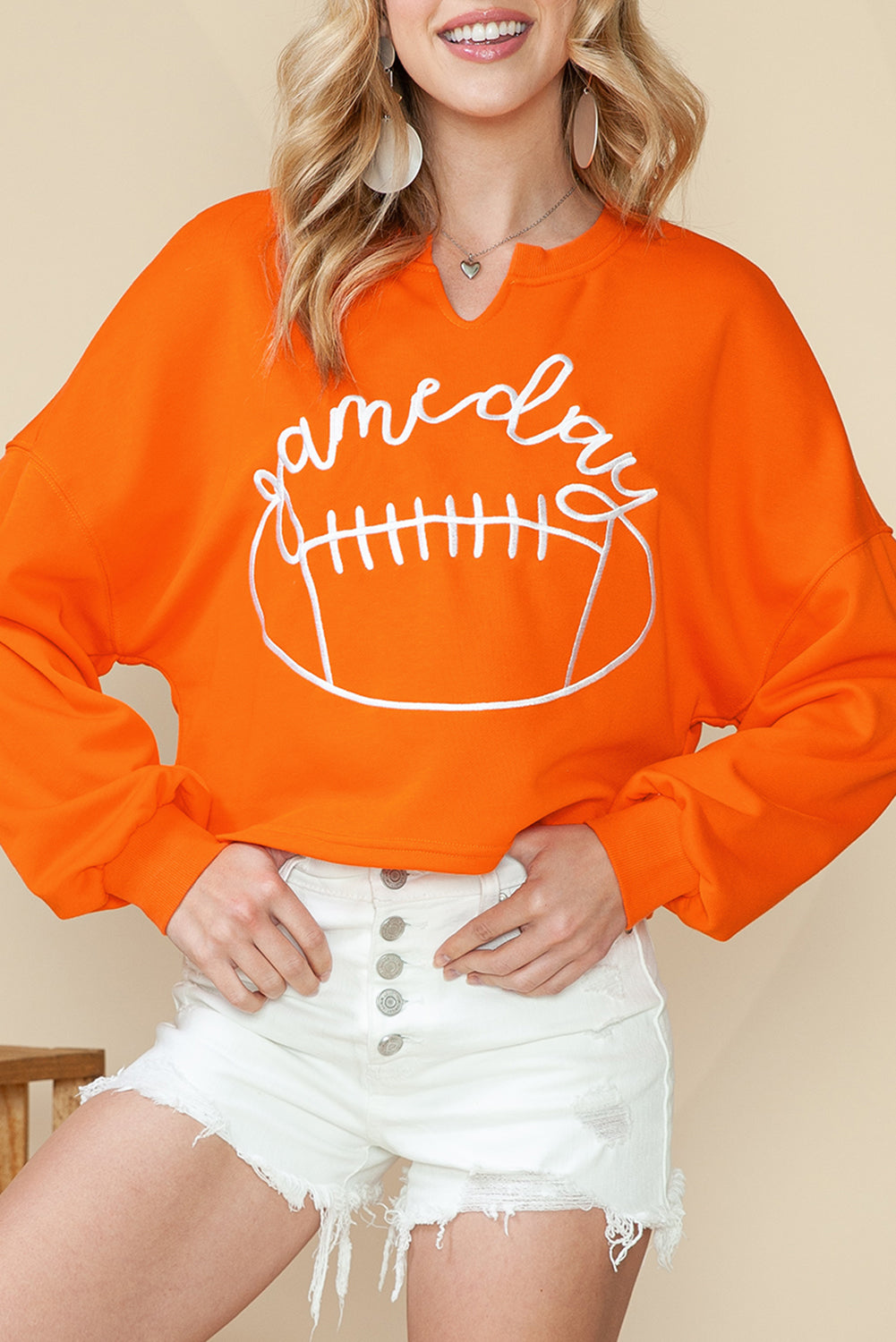 Bright White Game Day Lettering Rugby Notched Neck Cropped Sweatshirt