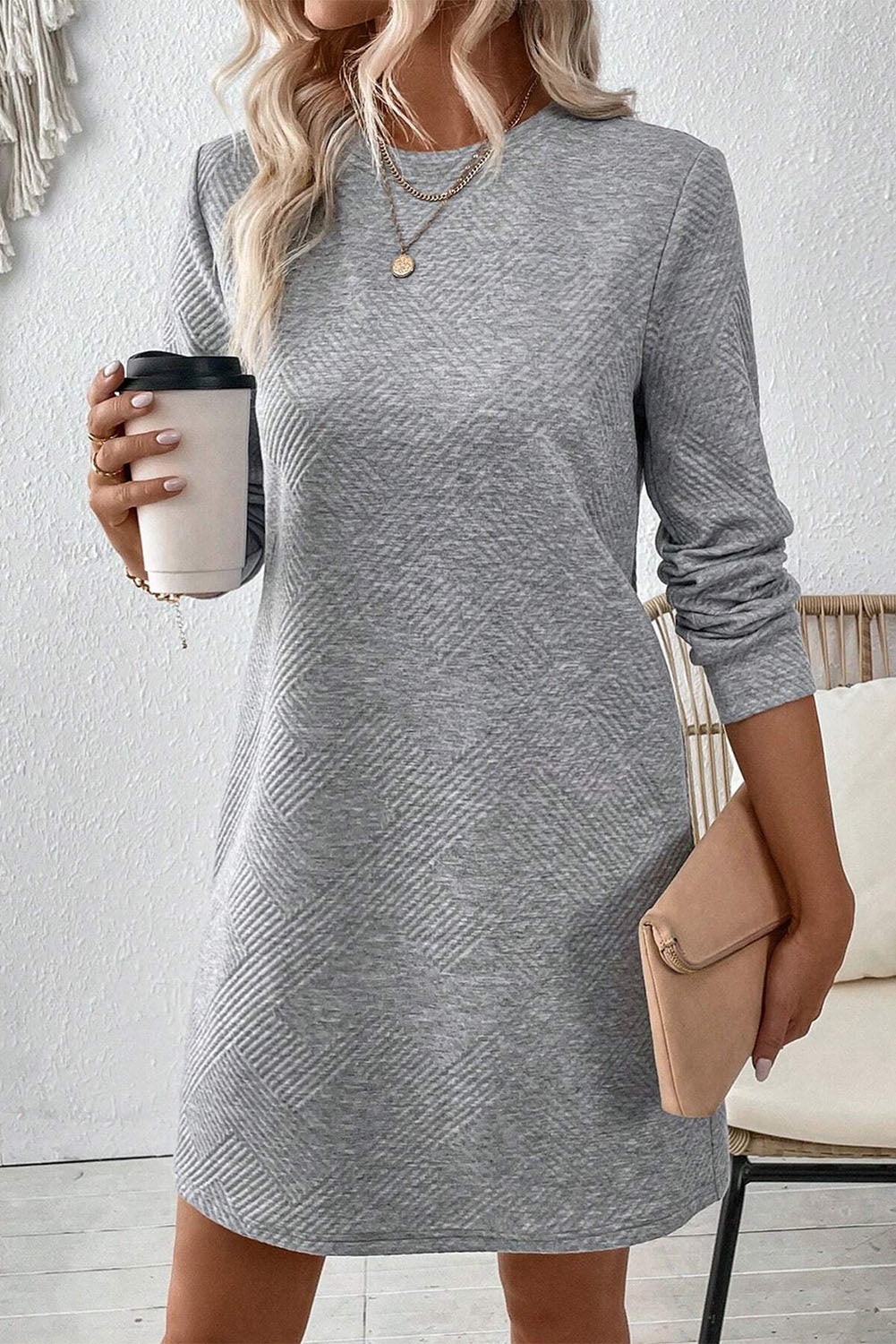 Black Plain Textured Long Sleeve Shift Short Dress