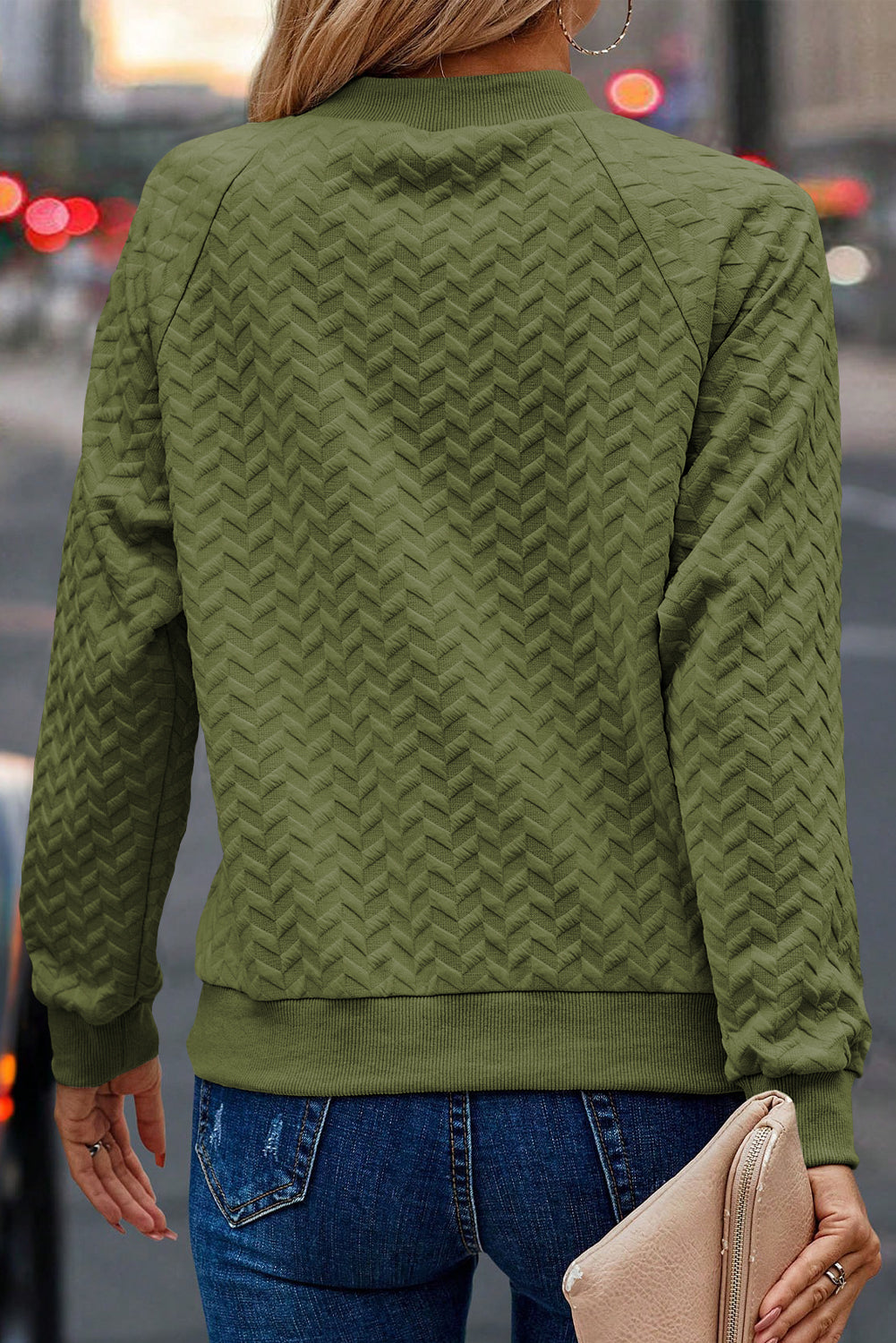 Green Solid Color Textured Raglan Sleeve Pullover Sweatshirt