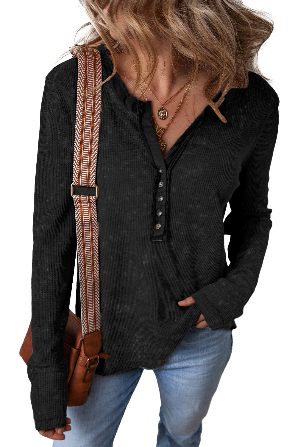 Smoke Green Casual V Neck Waffle Knit Top