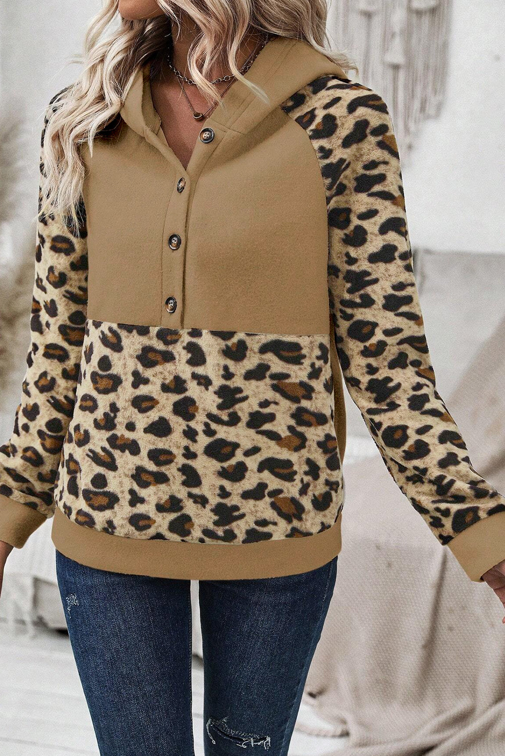 Light Beige Leopard Patchwork Raglan Sleeve Half Buttons Hoodie