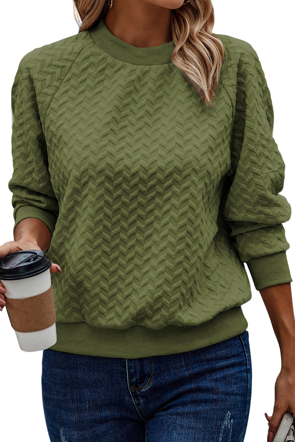 Green Solid Color Textured Raglan Sleeve Pullover Sweatshirt