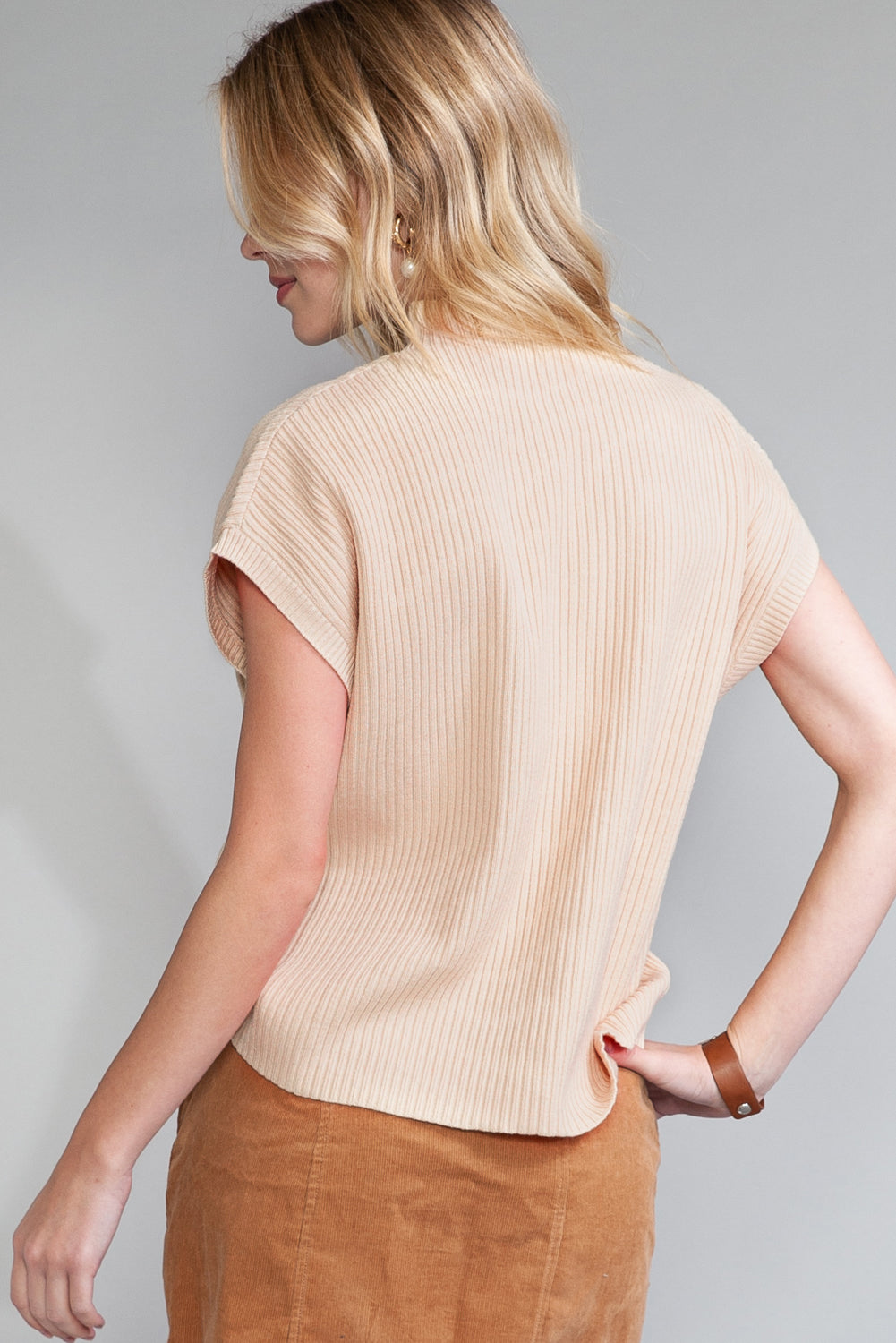 Pink Patch Pocket Ribbed Knit Short Sleeve Sweater