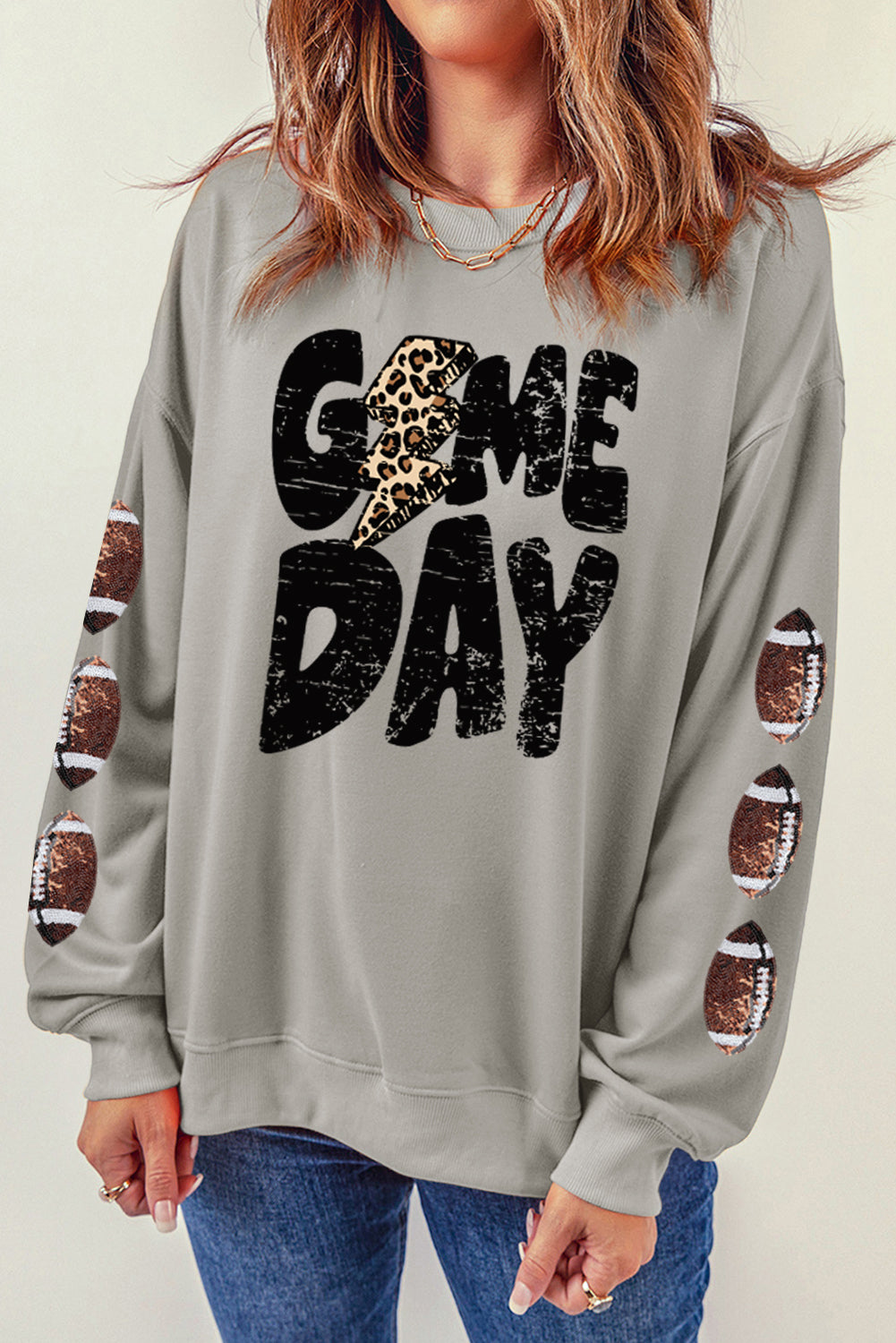 Gray GAME DAY Sequin Rugby Graohic Drop Shoulder Sweatshirt