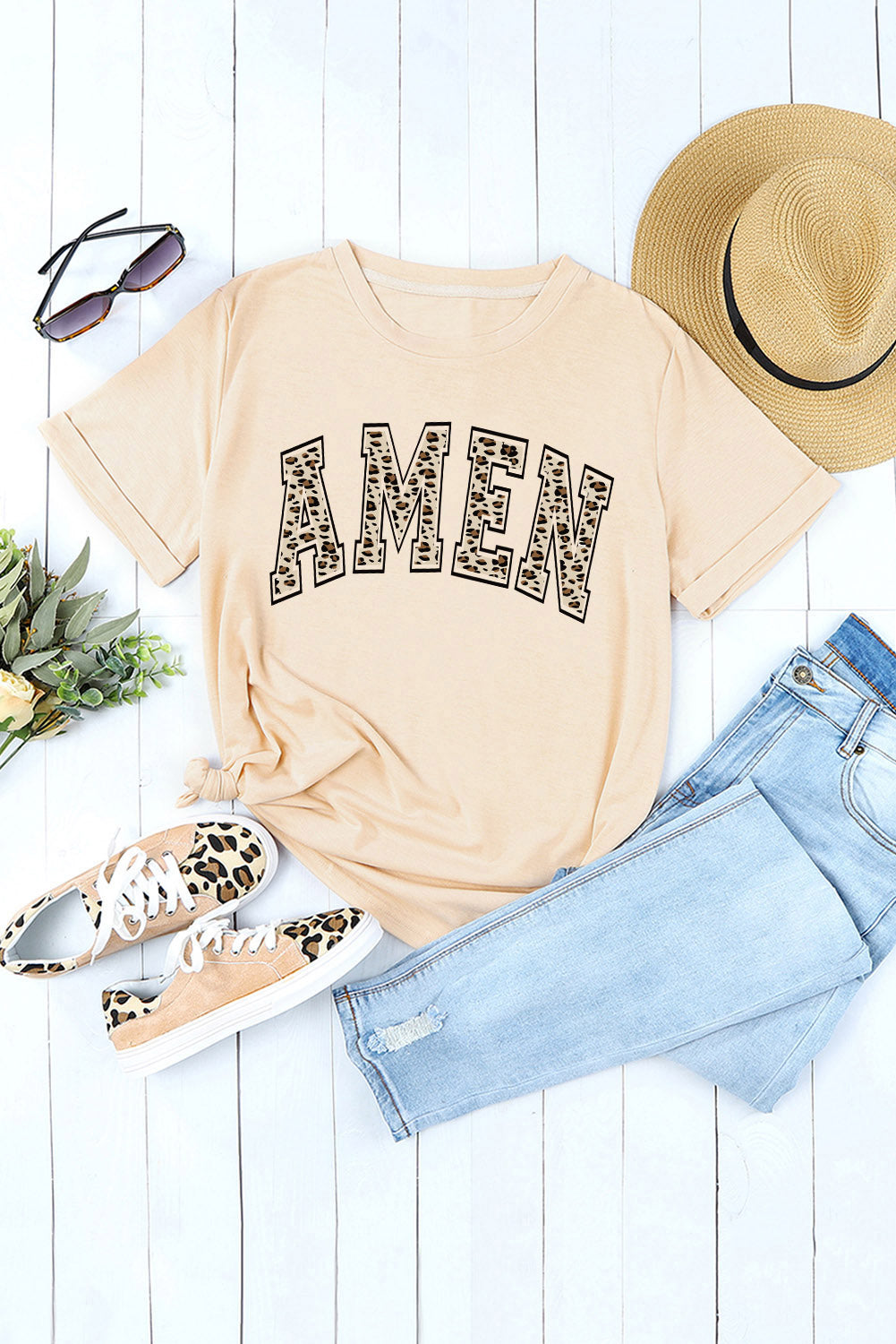 Khaki Amen Leopard Print Casual Graphic T Shirt