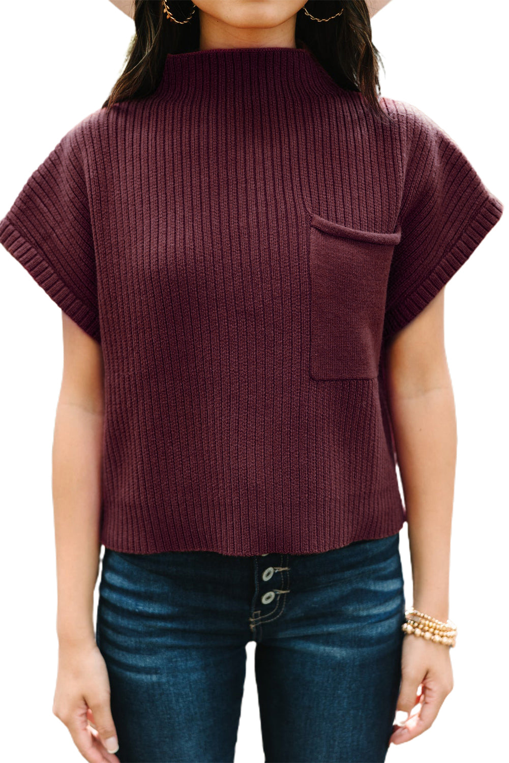 Pink Patch Pocket Ribbed Knit Short Sleeve Sweater