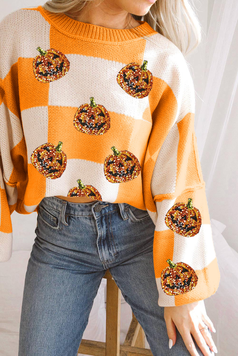 Grapefruit Orange Sequined Halloween Pumpkin Checkered Sweater