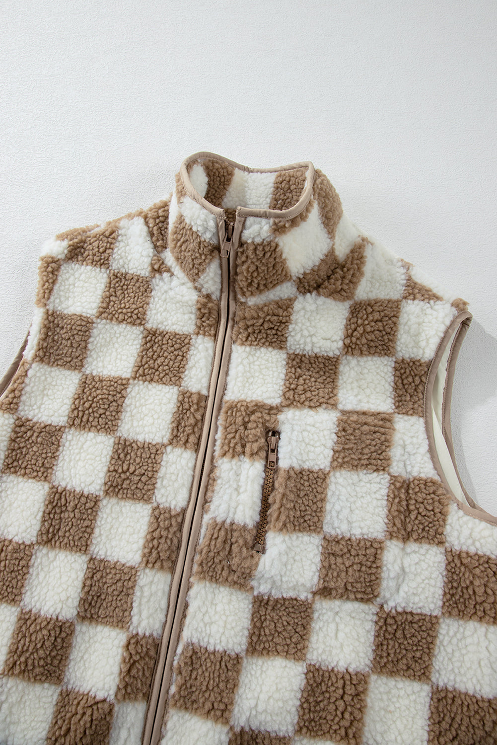 Black Checkered Sherpa Collared Jacket Vest