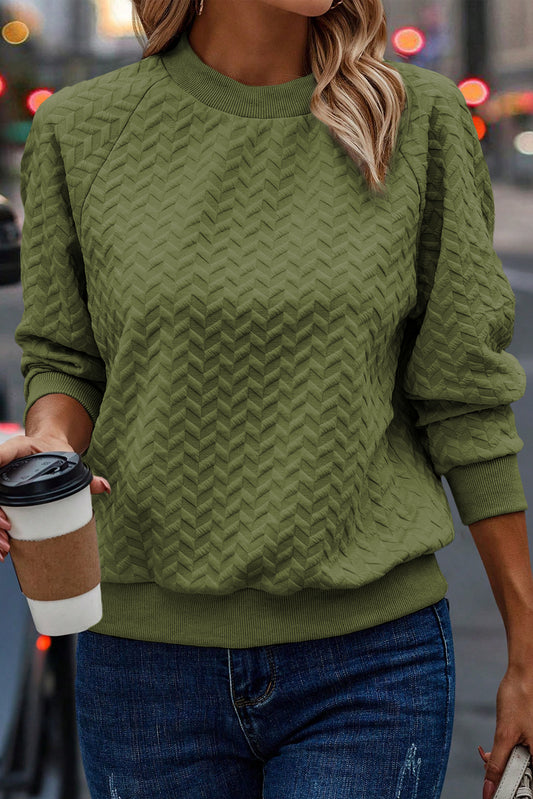 Green Solid Color Textured Raglan Sleeve Pullover Sweatshirt