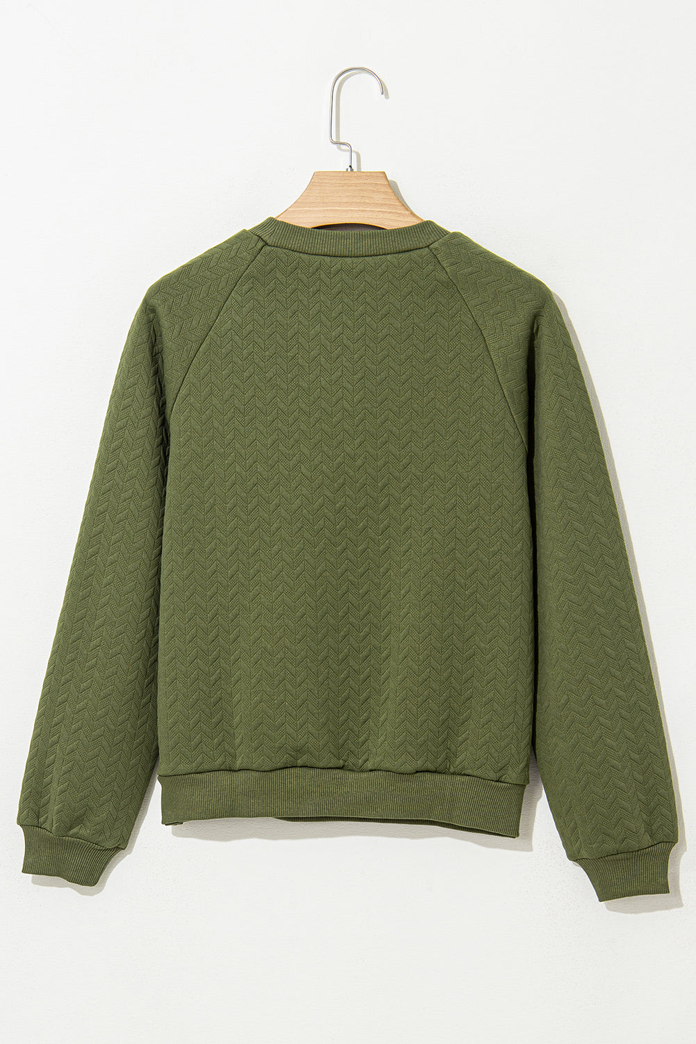 Green Solid Color Textured Raglan Sleeve Pullover Sweatshirt