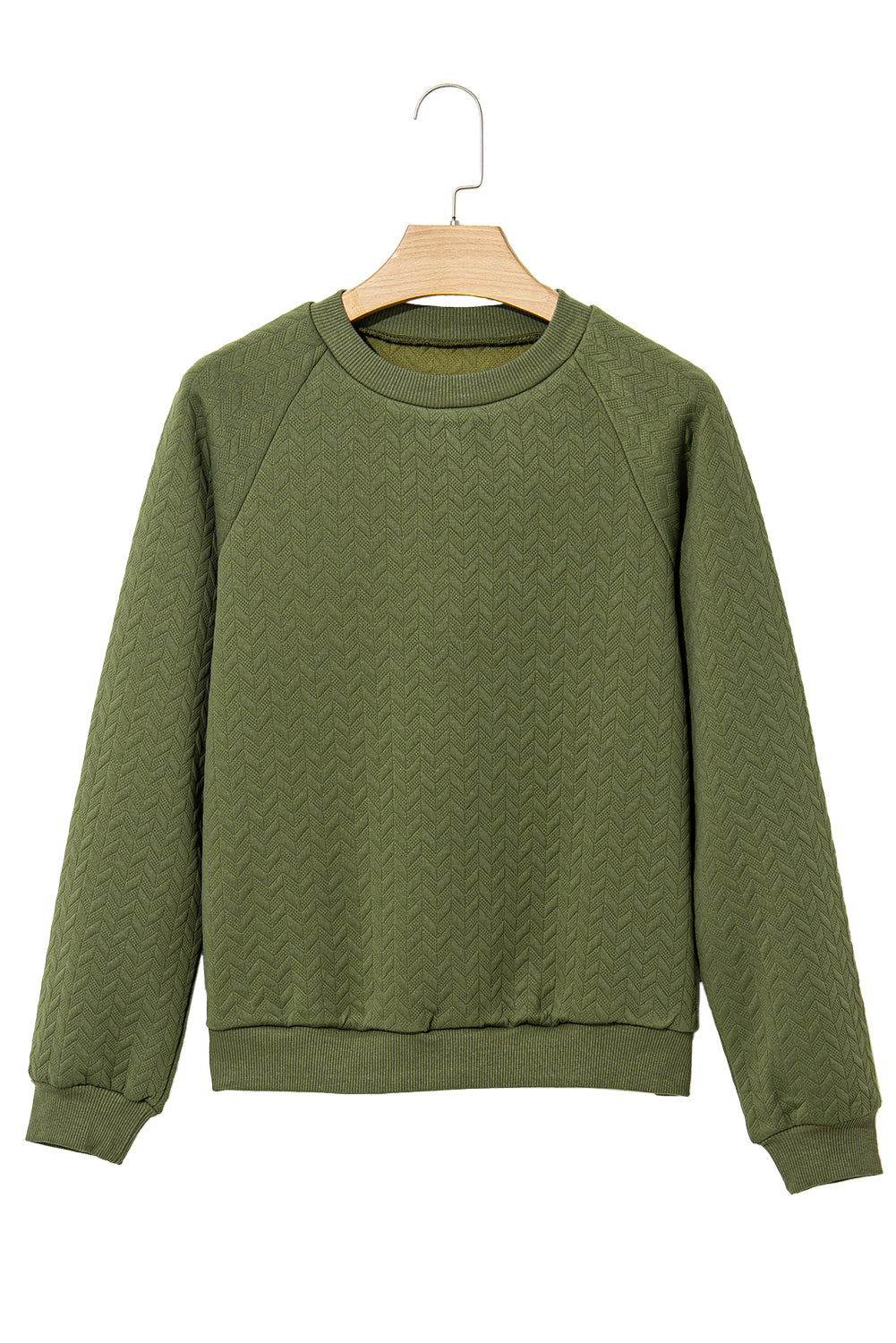 Green Solid Color Textured Raglan Sleeve Pullover Sweatshirt