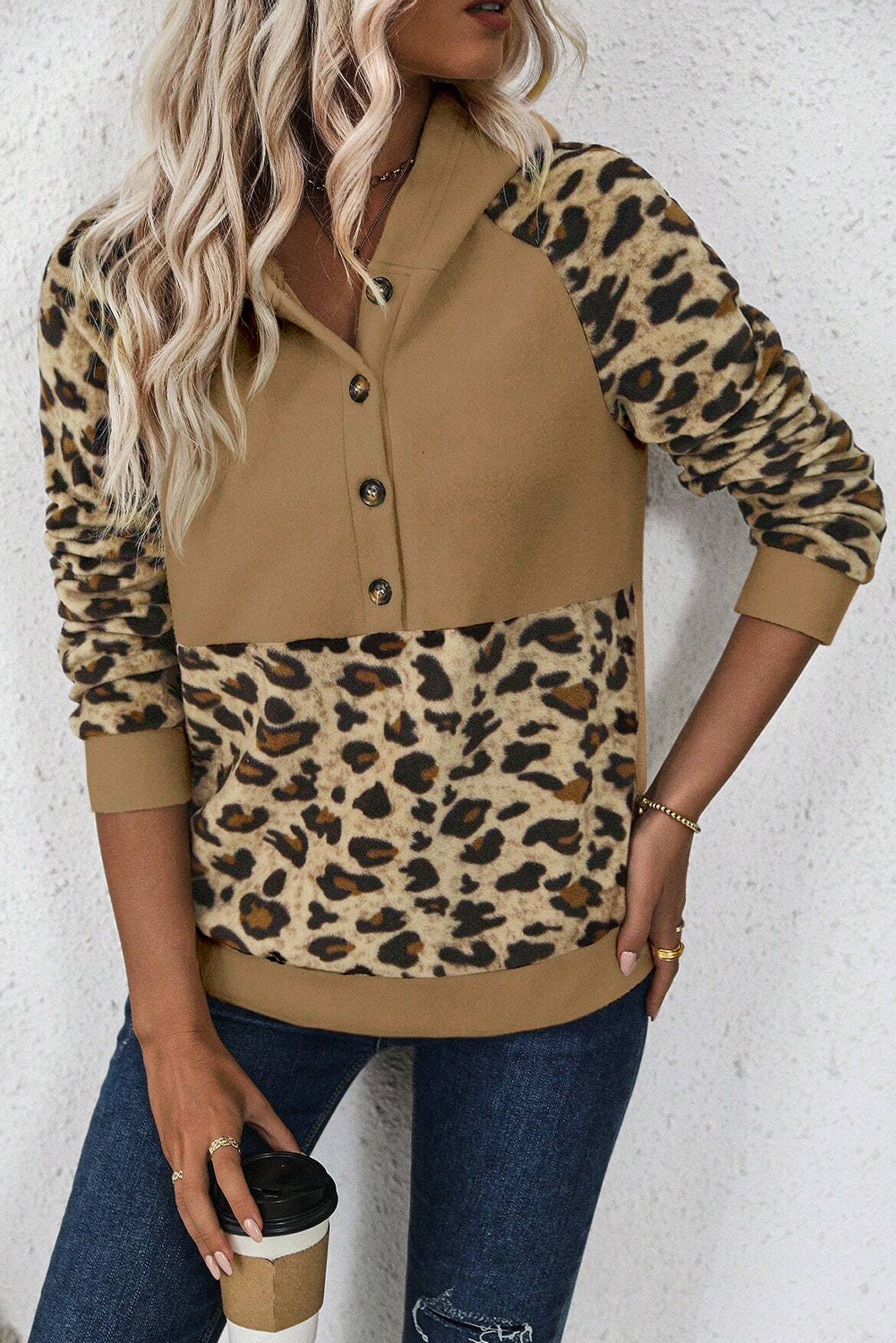 Light Beige Leopard Patchwork Raglan Sleeve Half Buttons Hoodie