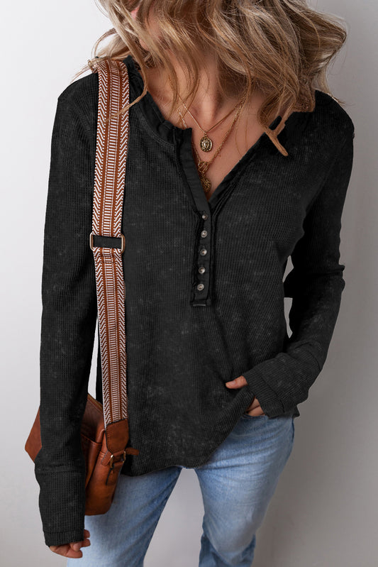 Smoke Green Casual V Neck Waffle Knit Top