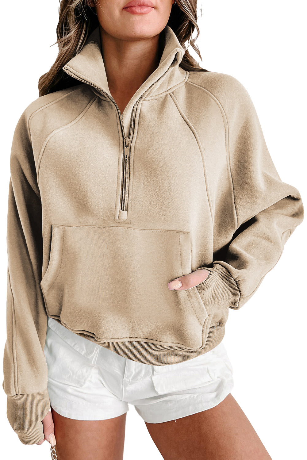 Green Zip Up Stand Collar Ribbed Thumbhole Sleeve Sweatshirt