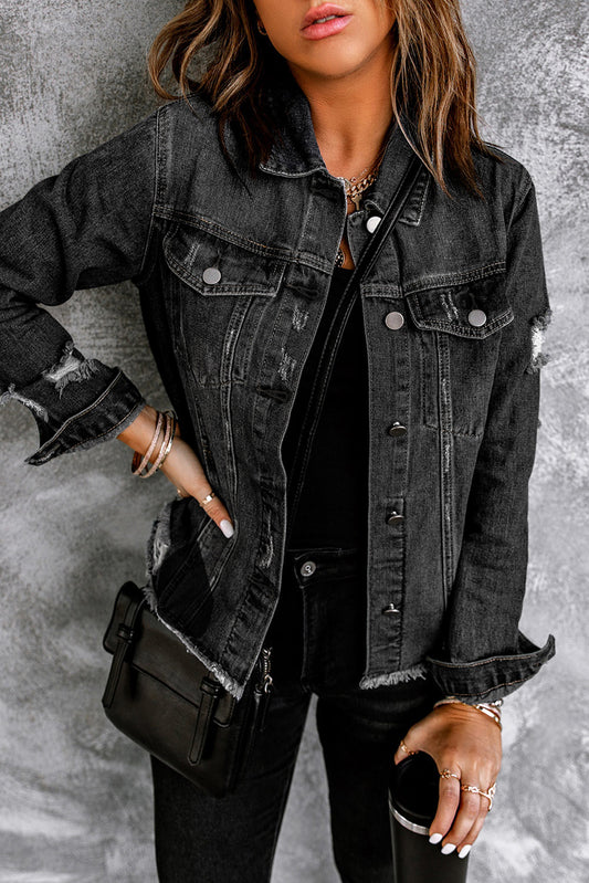 Black Casual Distressed Raw Hem Buttons Denim Jacket