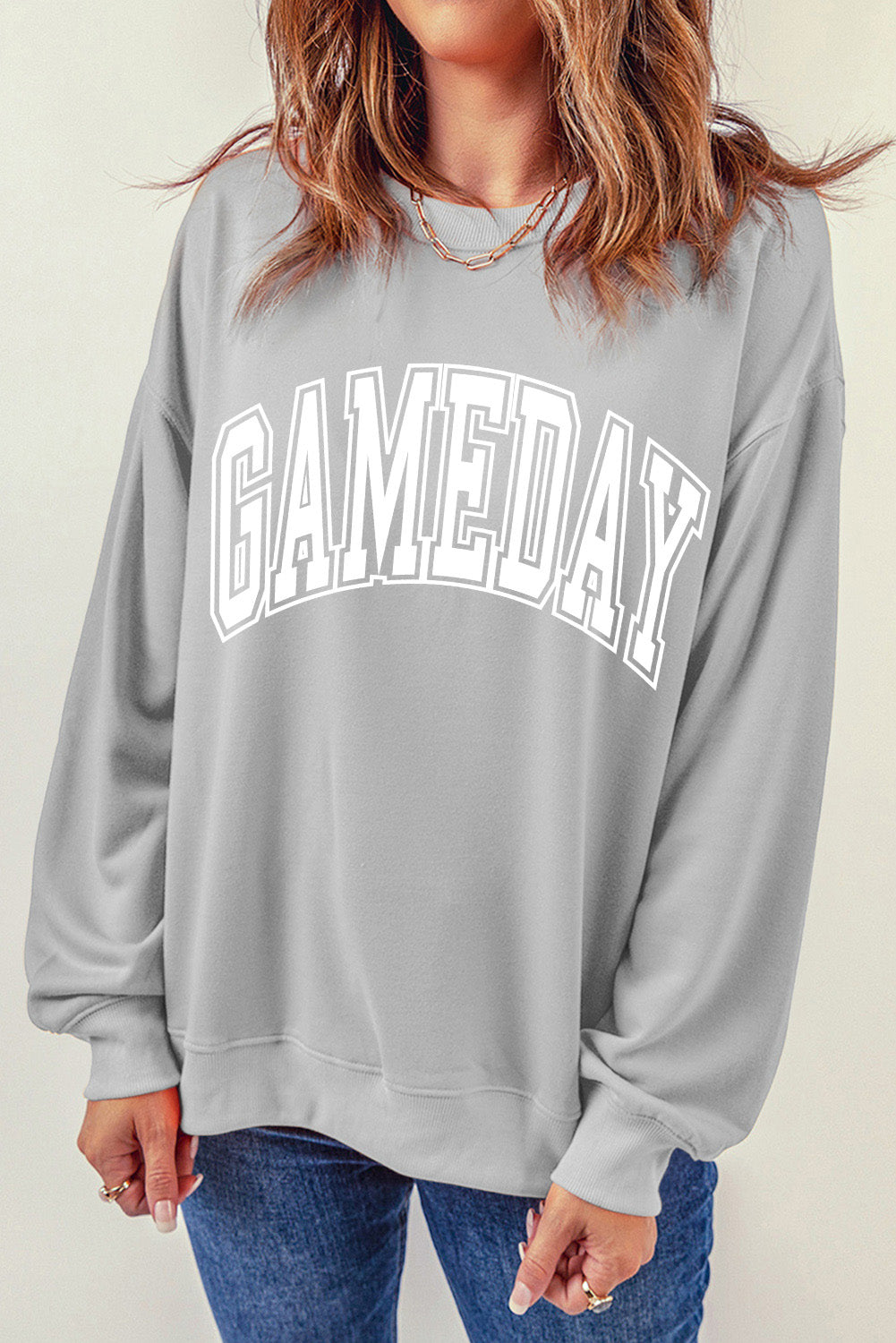 Gray Round Neck GAMEDAY Letter Graphic Sweatshirt