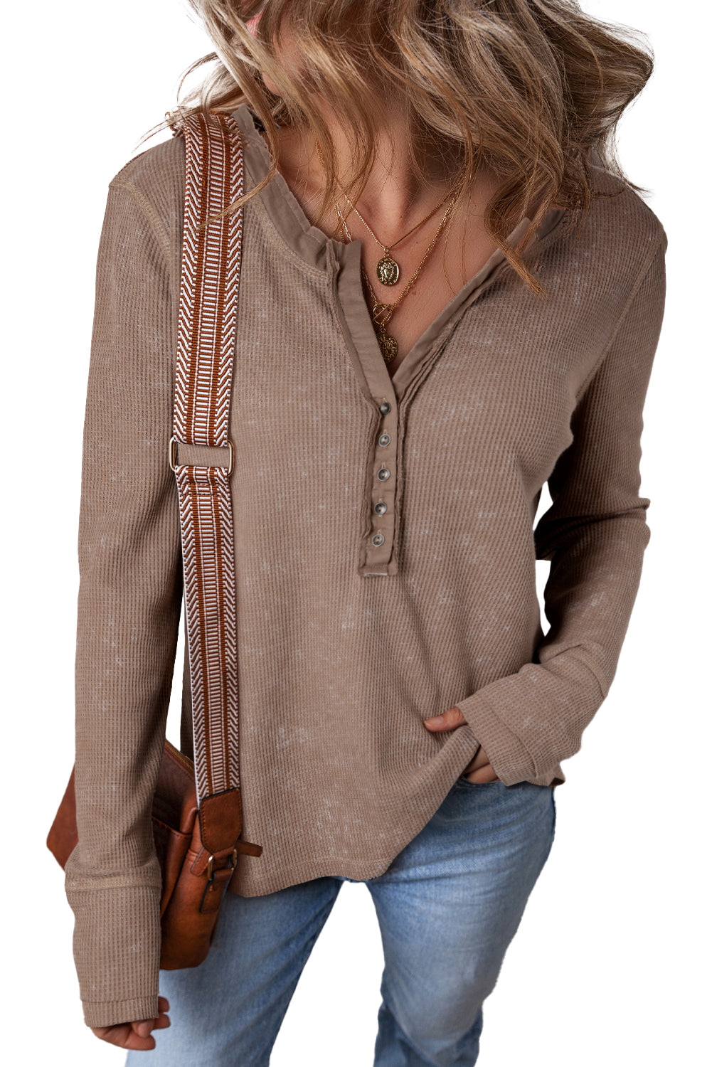 Smoke Green Casual V Neck Waffle Knit Top