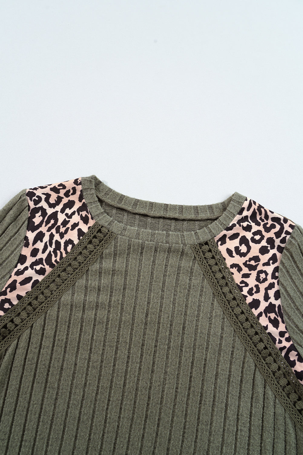 Moss Green Leopard Print Patchwork Crochet Rib Textured Top