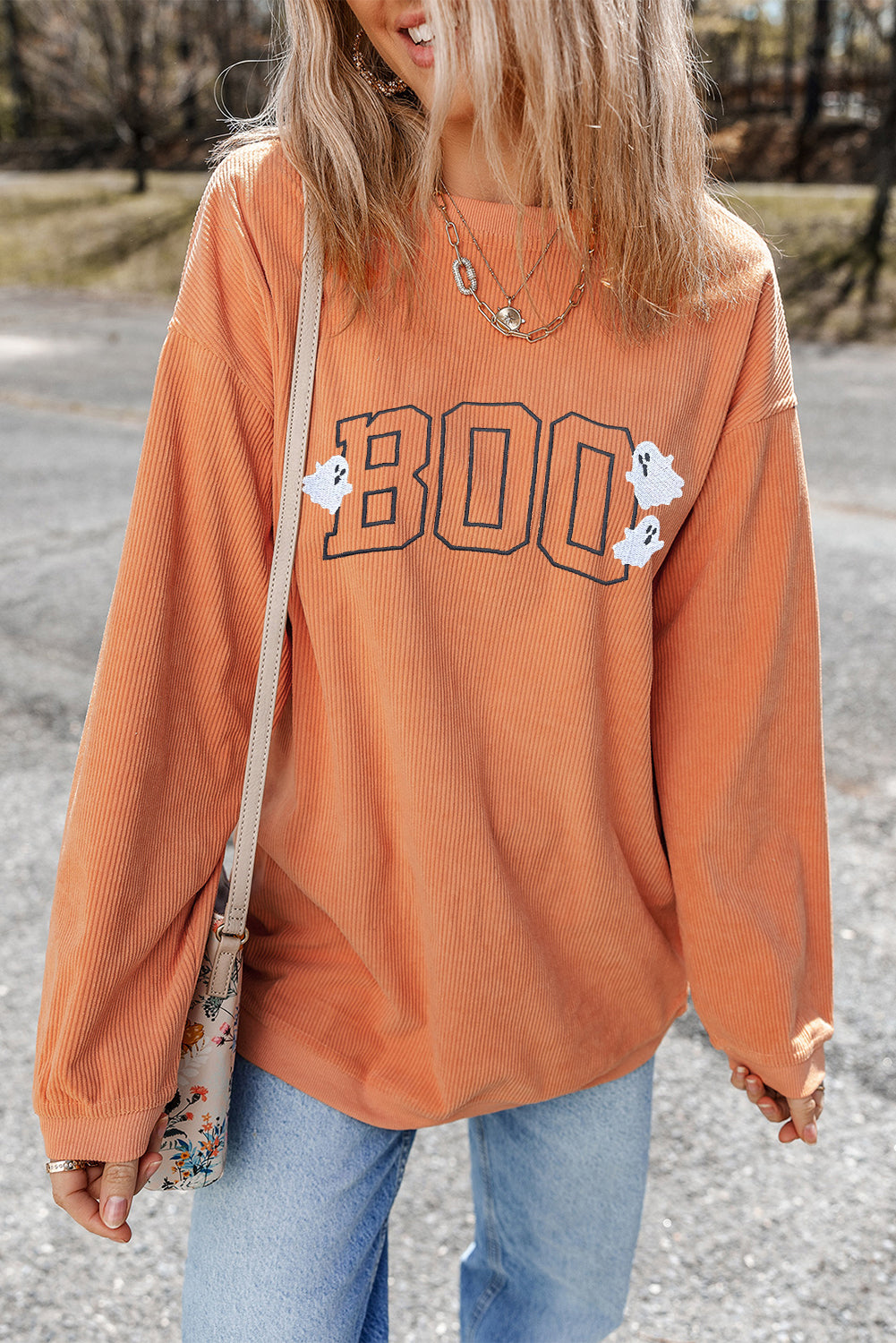 Orange Embroidered BOO Ghost Corded Halloween Sweatshirt