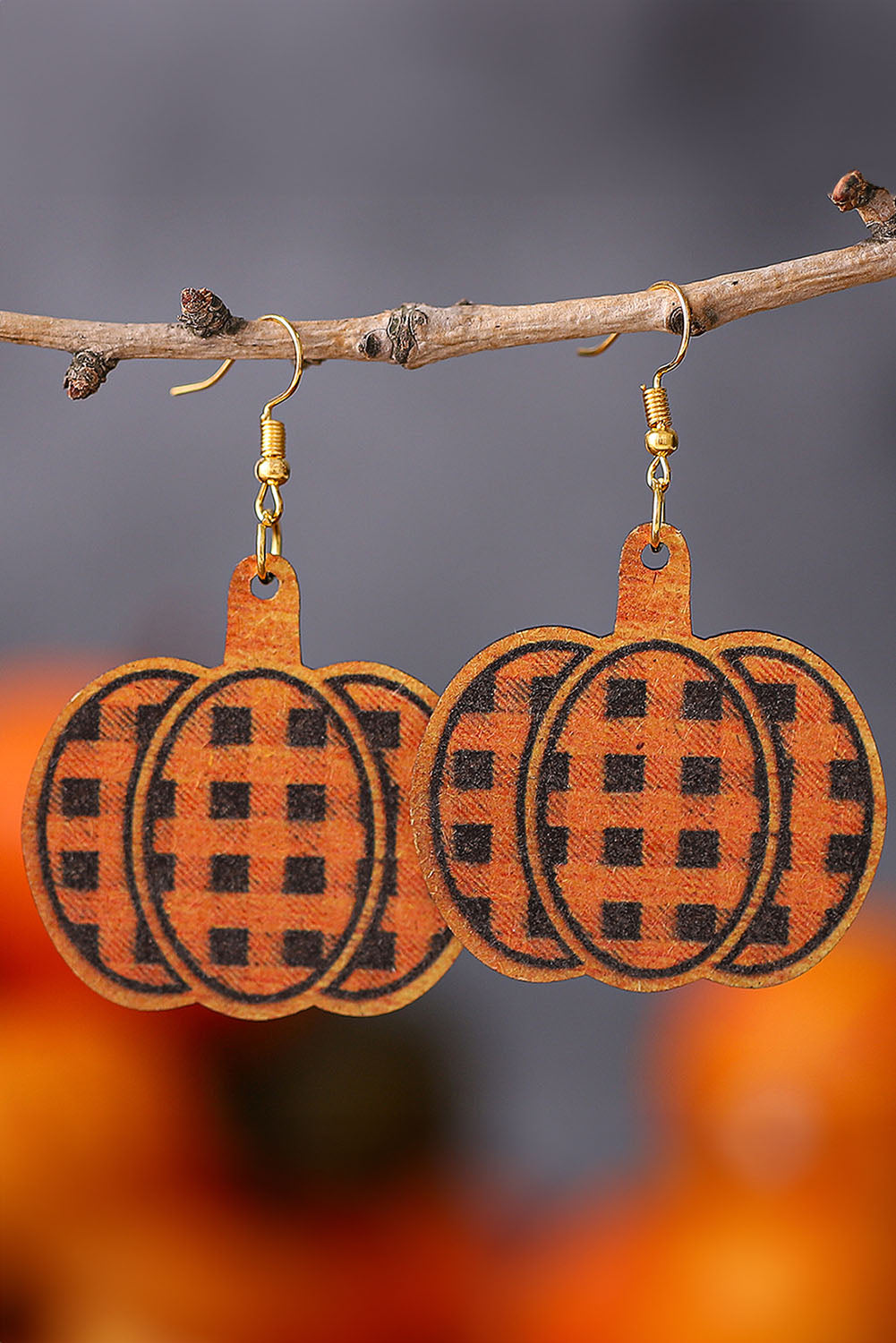 Russet Orange Plaid Print Pumpkin Shape Halloween Drop Earrings